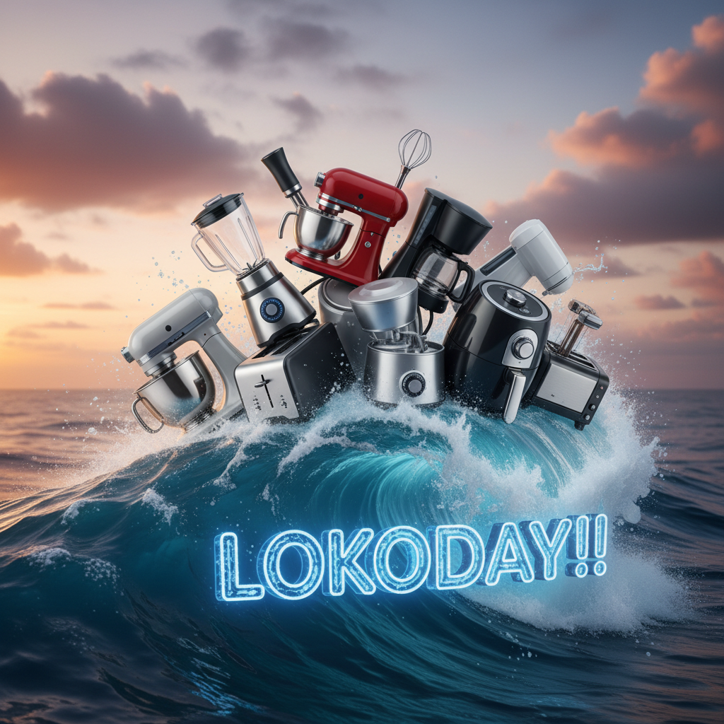 Una variedad de electrodomésticos de cocina flotando sobre una ola del mar con el texto luminoso LOKODAY!! debajo.